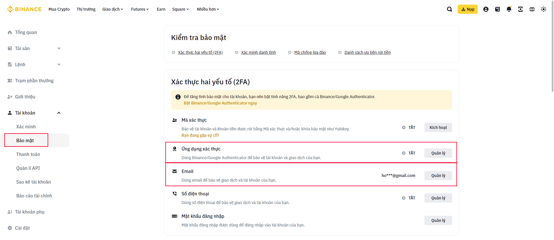 Chọn bảo mật, ứng dụng xác thực và email
