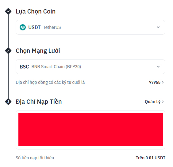 Chọn USDT, chọn mạng BSC, Copy địa chỉ cho người gửi