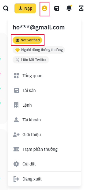 Nhấp vào tài khoản và chọn Not Verified