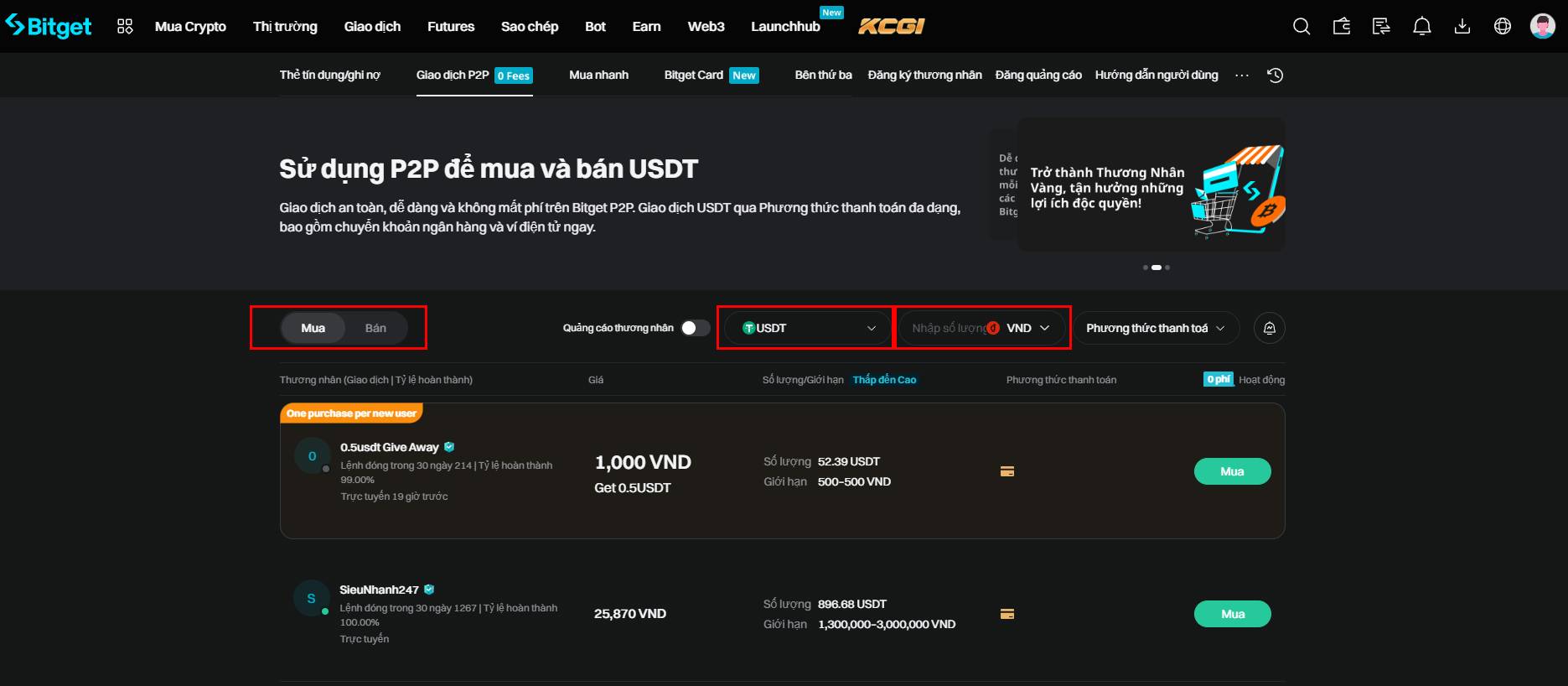 Chọn mua hoặc bán giao dịch p2p