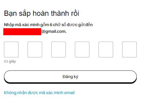 mã xác minh được gửi về email