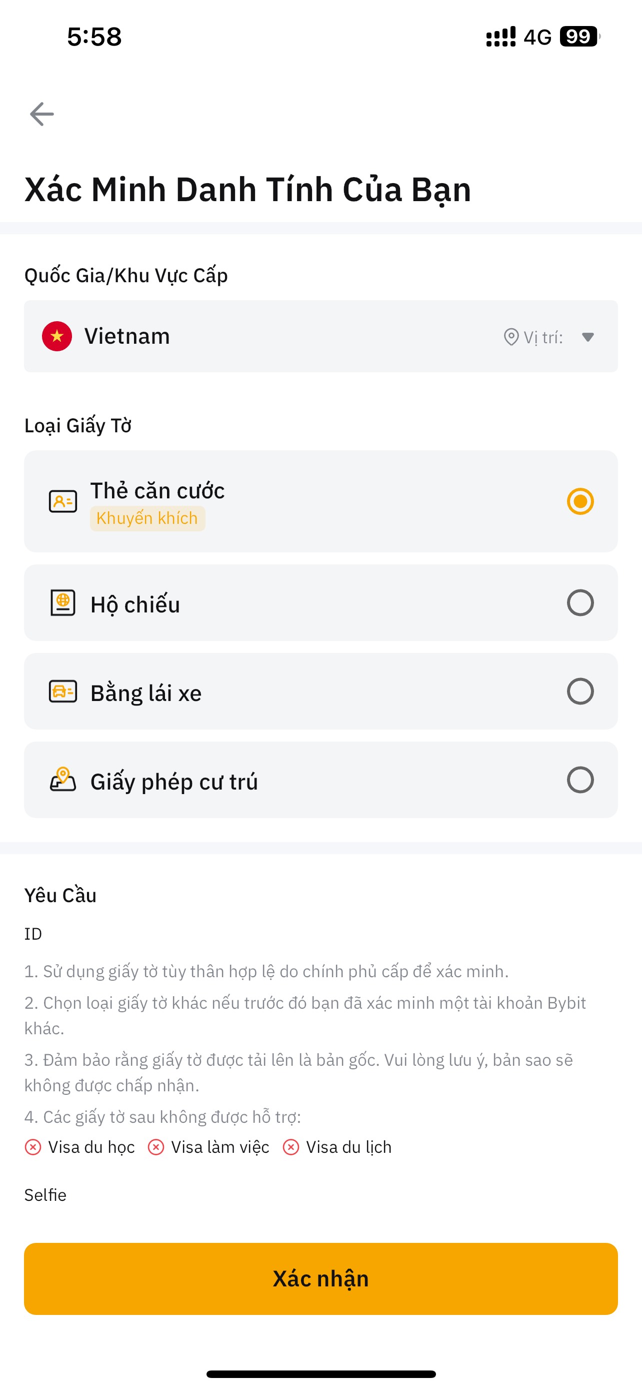 Chọn Quốc Gia Và Loại Giấy Tờ Xác Minh