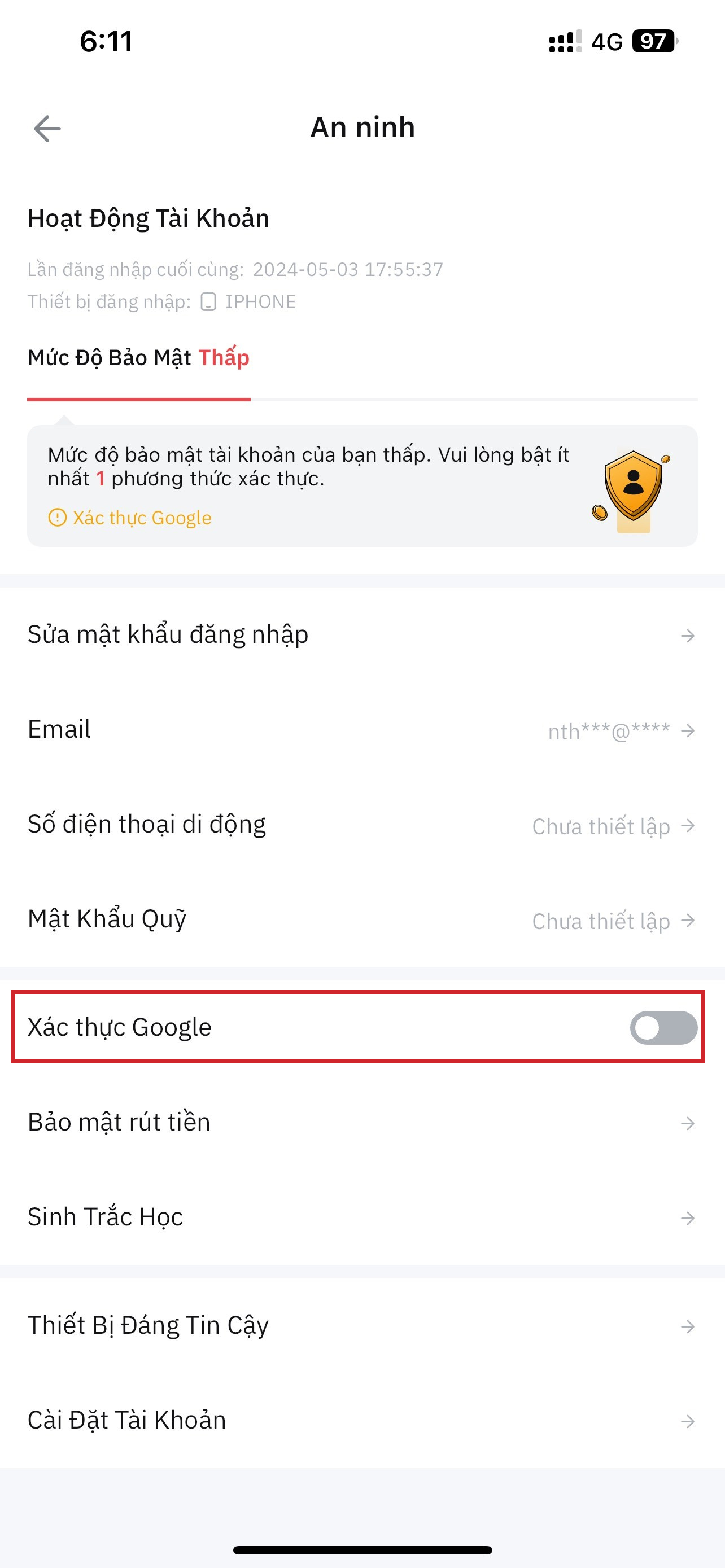 Chọn xác thực google