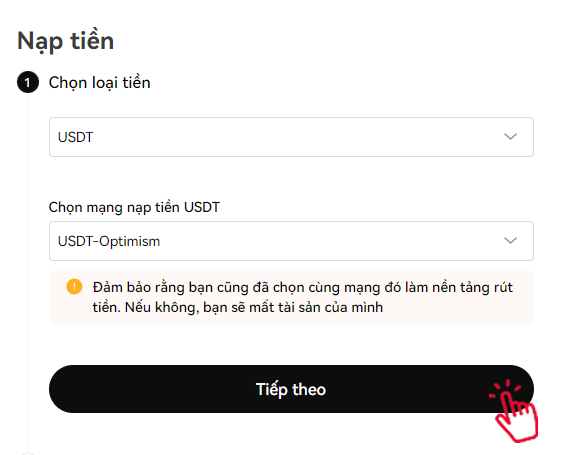 Chọn usdt và mạng OP